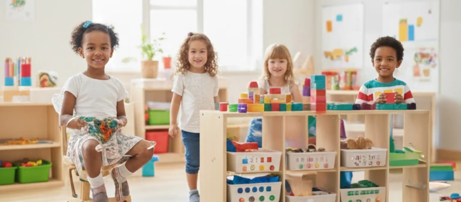 A warm, naturally lit early learning room with low shelves and open floor space.