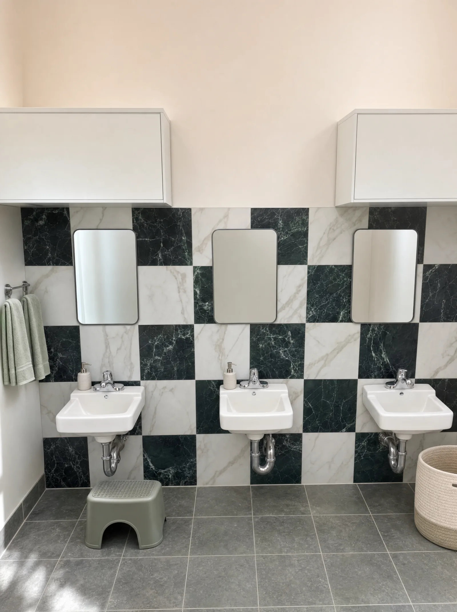 Children washroom with three child height sinks.