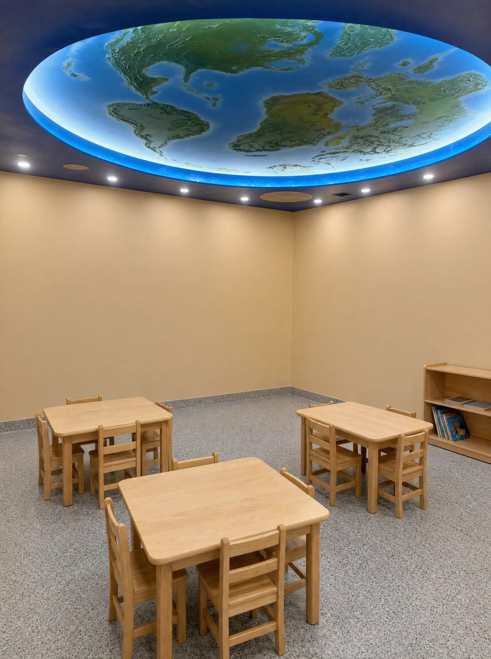 Room with the lit Earth ceiling and wooden work tables.
