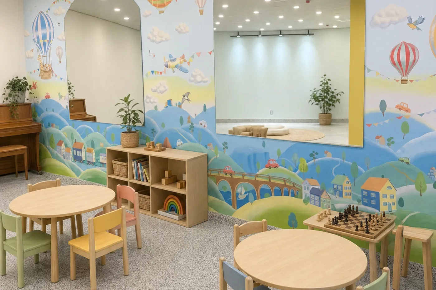 The mural room at 16 McGuinness Blvd S with low tables, a reading shelf and a piano.