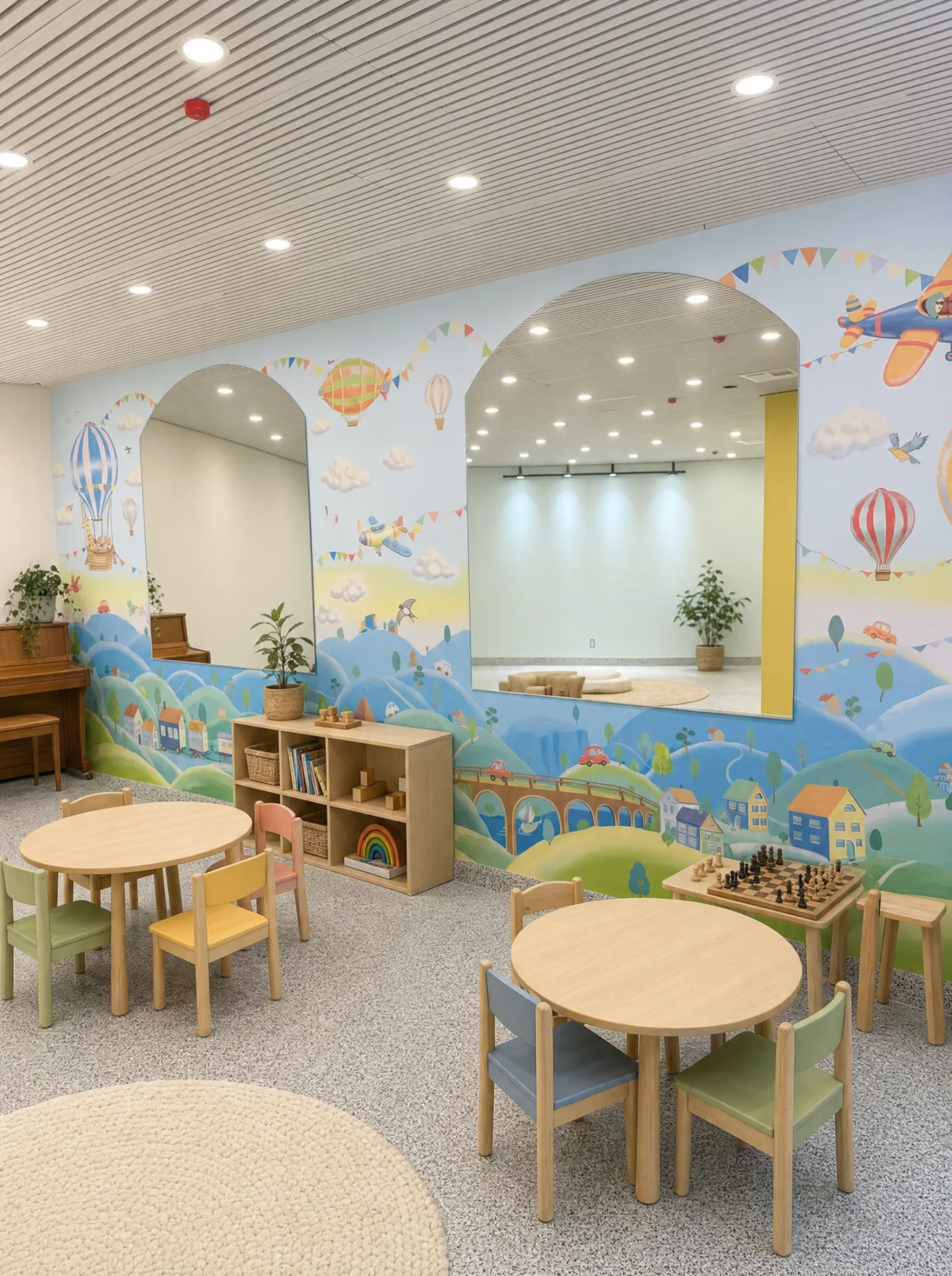 Mural room with low tables, a reading shelf and a piano.